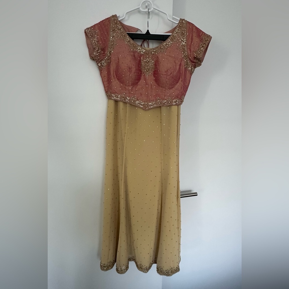 Dusty Rose & Champagne Gold Lehenga Choli, Raw Silk Blouse - Indian Dress